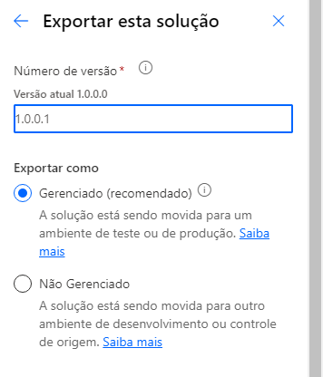 Captura de tela das opções Número de versão e Exportar como na solicitação Exportar esta solução.