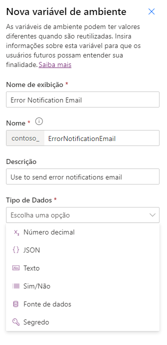 Captura de tela da criação de uma nova variável de ambiente.