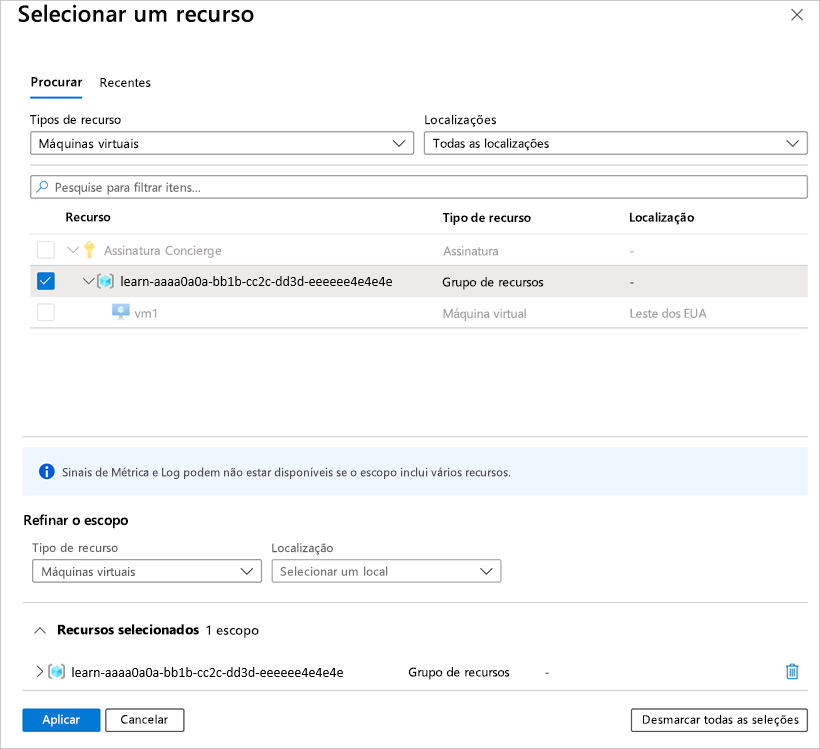 Captura de tela mostrando o painel Selecionar um escopo com o grupo de recursos de área restrita selecionado.