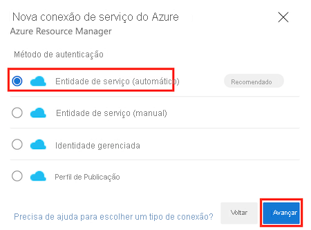 Captura de tela do Azure DevOps que mostra o painel Nova conexão de serviço do Azure, com a opção Entidade de serviço (automática) realçada.