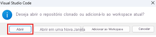 Captura de tela do Visual Studio Code que mostra um prompt para abrir o repositório clonado com o botão Abrir realçado.