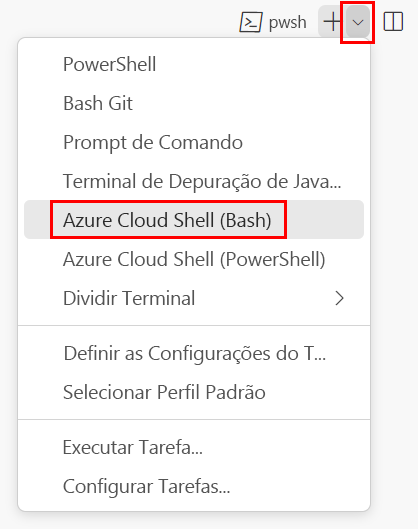 Captura de tela da janela do terminal do Visual Studio Code. A lista suspensa do shell do terminal e o item de menu do Azure Cloud Shell (Bash) são mostrados.