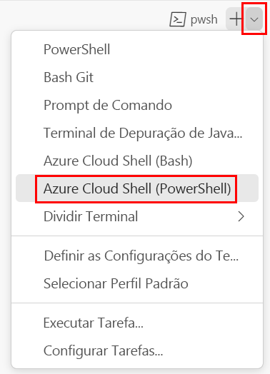 Captura de tela da janela do terminal do Visual Studio Code. A lista suspensa do shell do terminal e o item de menu do Azure Cloud Shell (PowerShell) são mostrados.