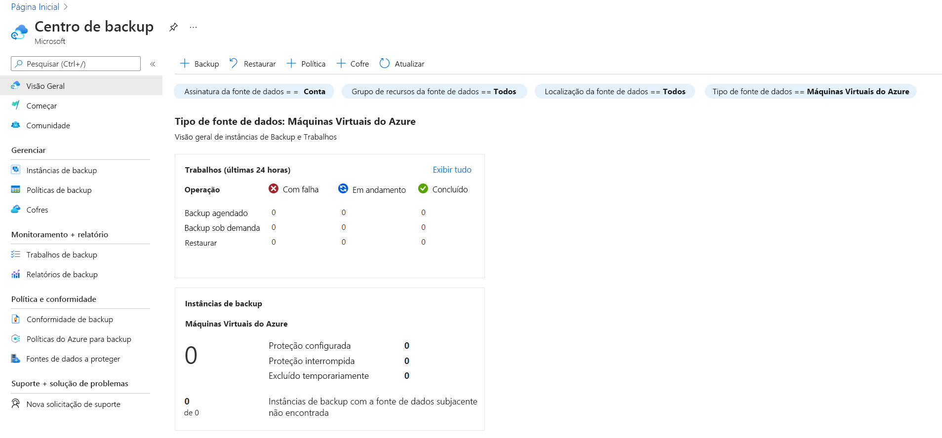 Captura de tela da interface do usuário do Centro de backup no portal do Azure exibindo informações de backup para máquinas virtuais do Azure relacionadas a trabalhos e instâncias de backup.