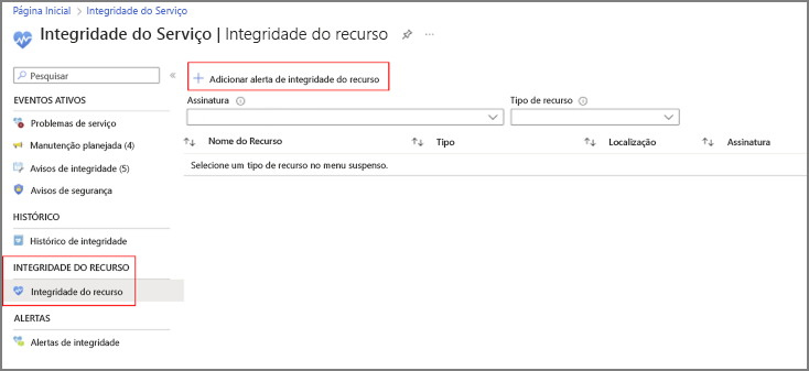 Captura de tela da integridade dos recursos de Integridade do Serviço do Azure.