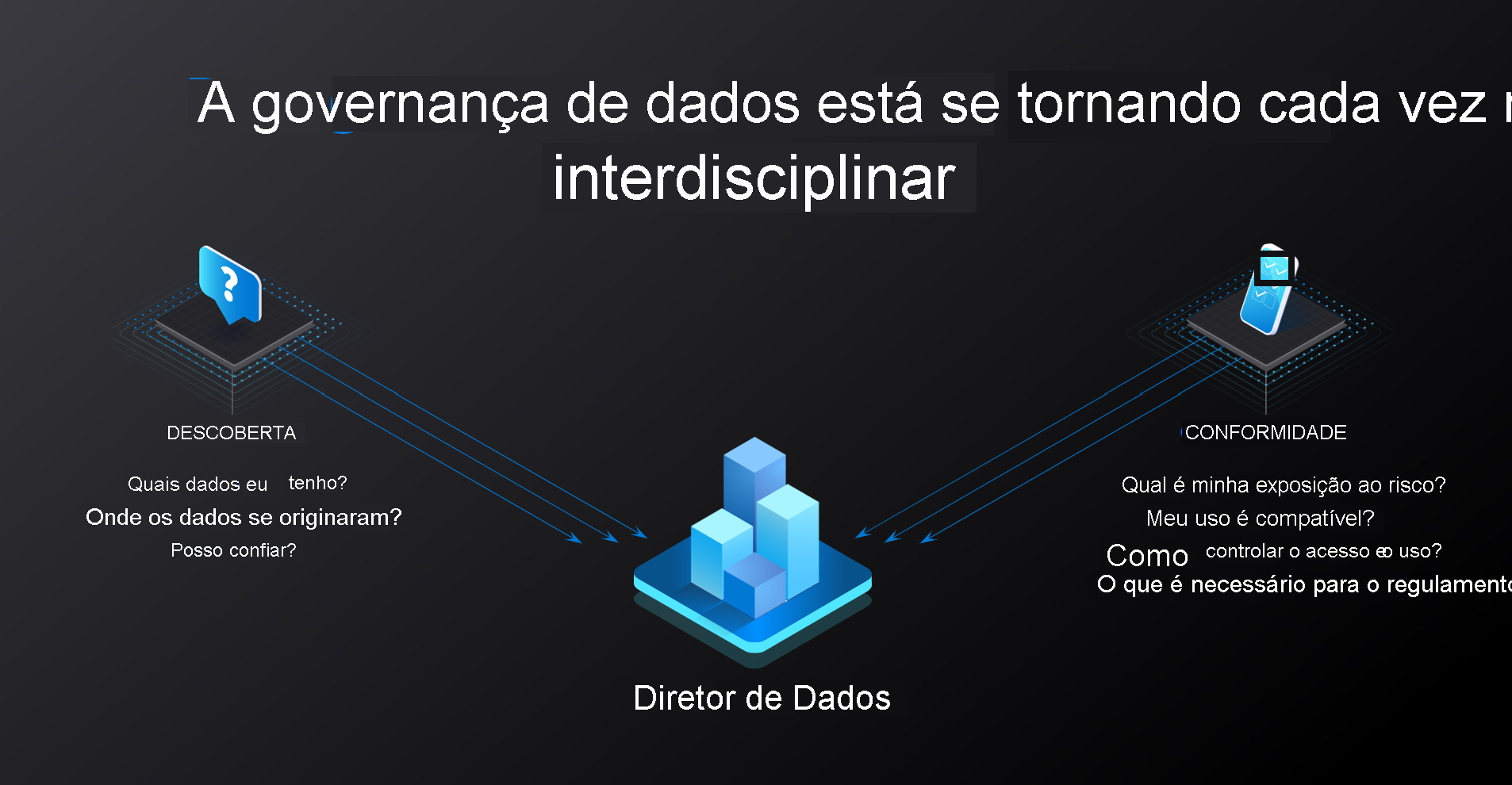 Diagrama da governança de dados que mostra um Diretor de dados conectado a um ícone que representa as considerações sobre descoberta e outro ícone que representa os problemas de conformidade.