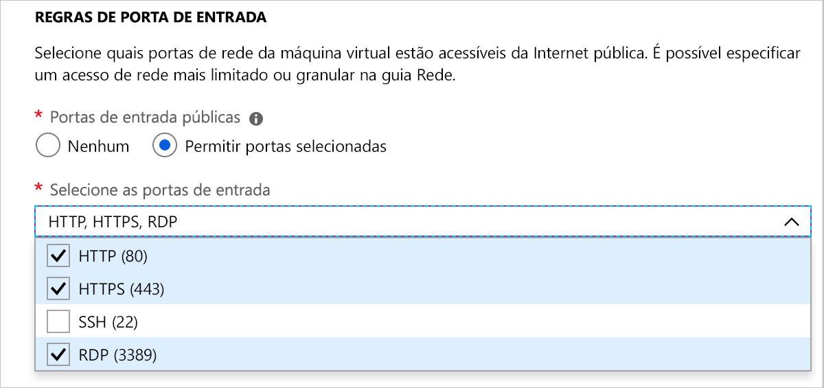 Captura de tela da seção regras de porta de entrada que mostra HTTP, HTTPS e RDP selecionados.