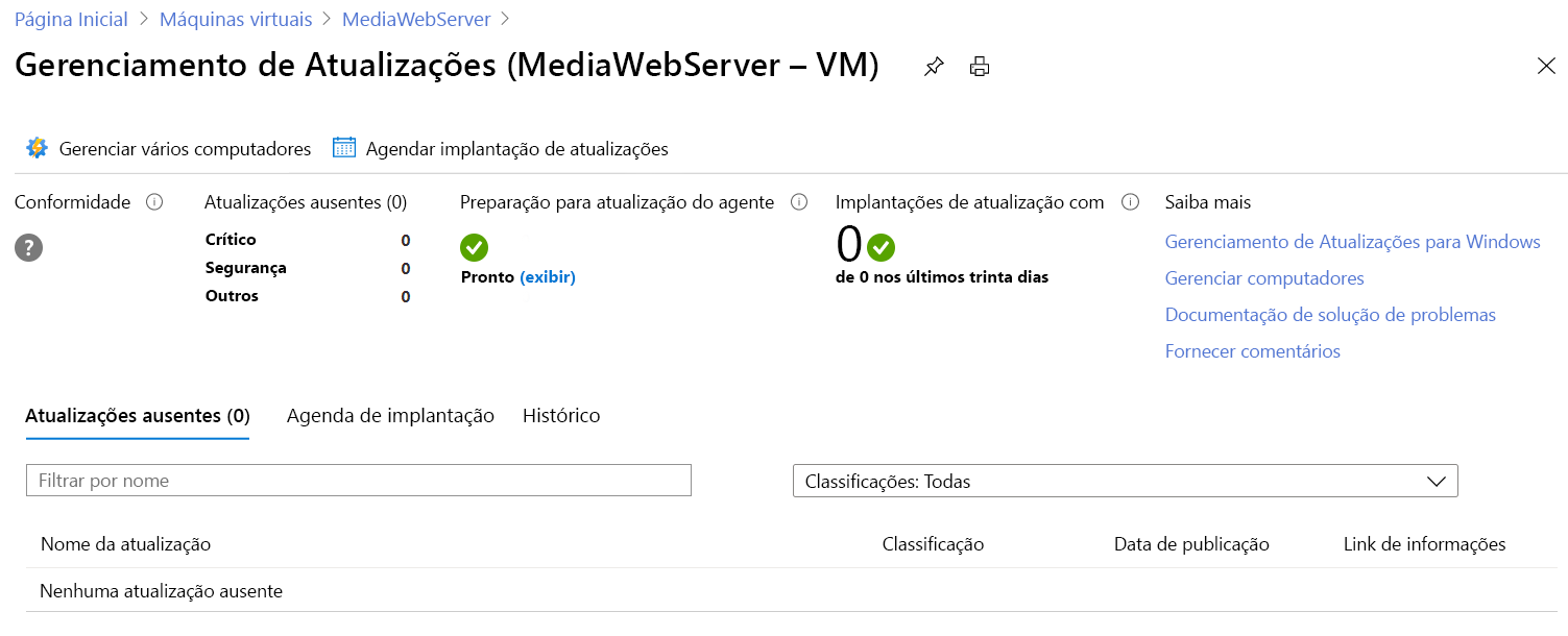 Captura de tela da página de Gerenciamento de atualizações que mostra o status das atualizações para a VM.