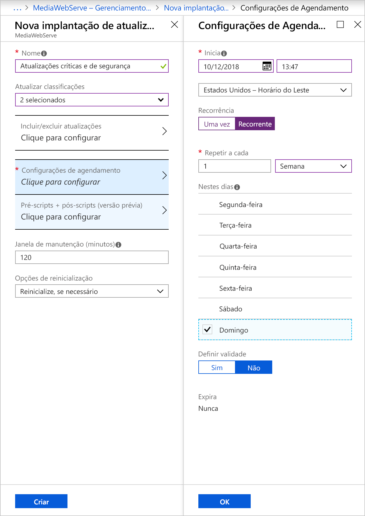 Captura de tela que mostra a página Nova implantação de atualização e a página Configurações de agenda com os campos preenchidos conforme descrito na tabela.