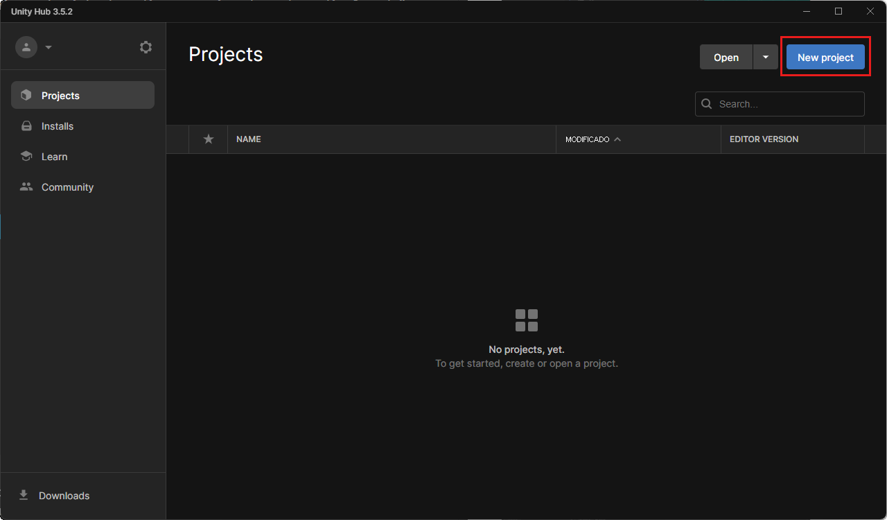 Captura de tela do Hub do Unity na guia Projetos com o botão Novo Projeto realçado.
