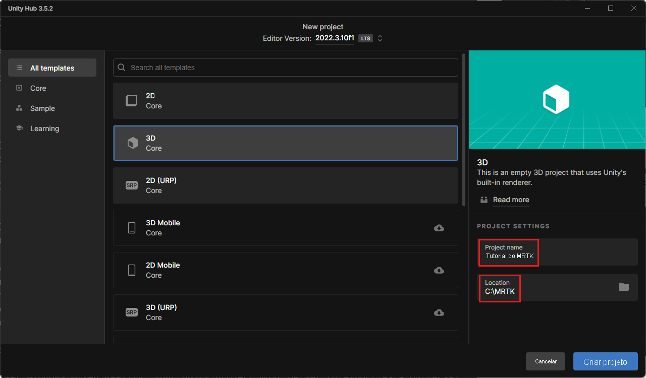 Captura de tela do Hub do Unity com 3D, Nome do Projeto, Local e Criar realçados.