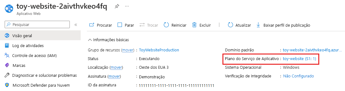 Captura de tela do portal do Azure que mostra o aplicativo de produção do site de brinquedos dos Serviços de Aplicativo e os detalhes do SKU do plano do Serviço de Aplicativo.