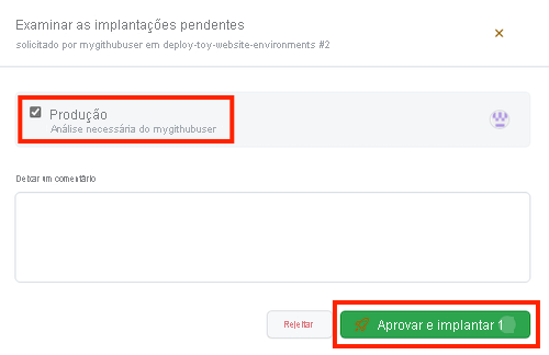 Captura de tela da interface do GitHub que mostra a página de aprovação do fluxo de trabalho e o botão Aprovar e implantar.