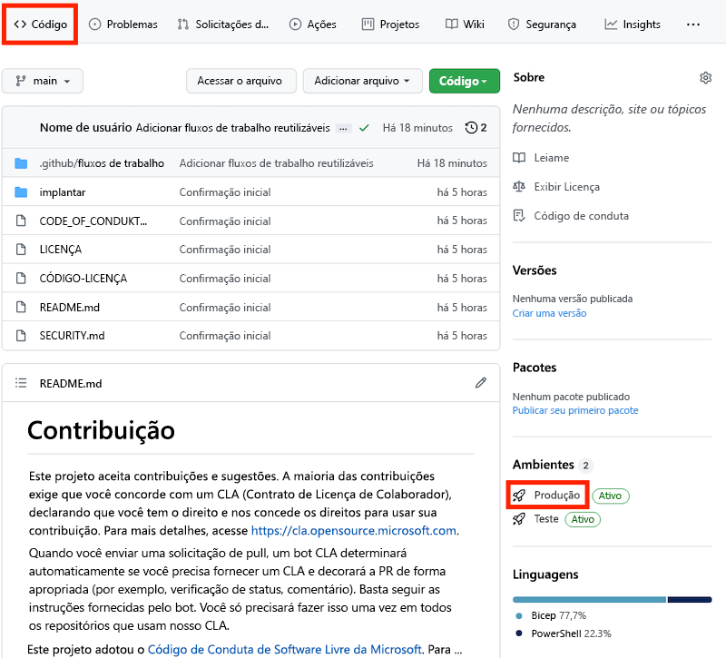 Captura de tela do GitHub que mostra o ambiente de página de código, com o ambiente de produção realçado.