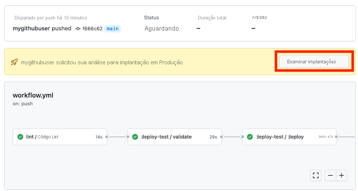 Captura de tela do GitHub que mostra a execução do fluxo de trabalho em pausa para aprovação.