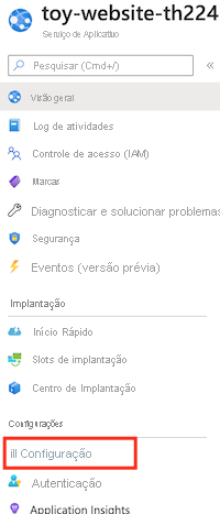 Captura de tela da portal do Azure que mostra o aplicativo do Serviço de Aplicativo e o item de menu Configuração.