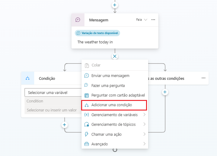 Captura de tela da opção Adicionar condição expandida para mostrar as opções Ramificação baseada em uma condição e Ramificação para todas as outras condições.