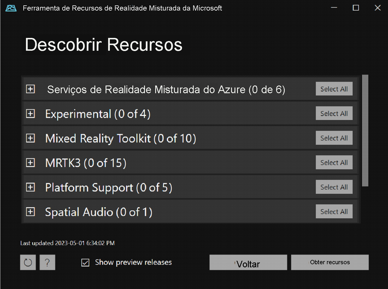 The main groups of packages in the Mixed Reality Feature Tool