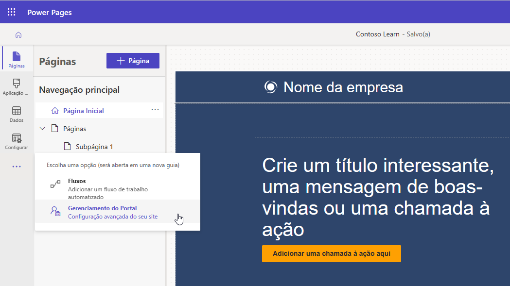 Captura de tela do acesso de Gerenciamento de Portal do estúdio de design do Power Pages.