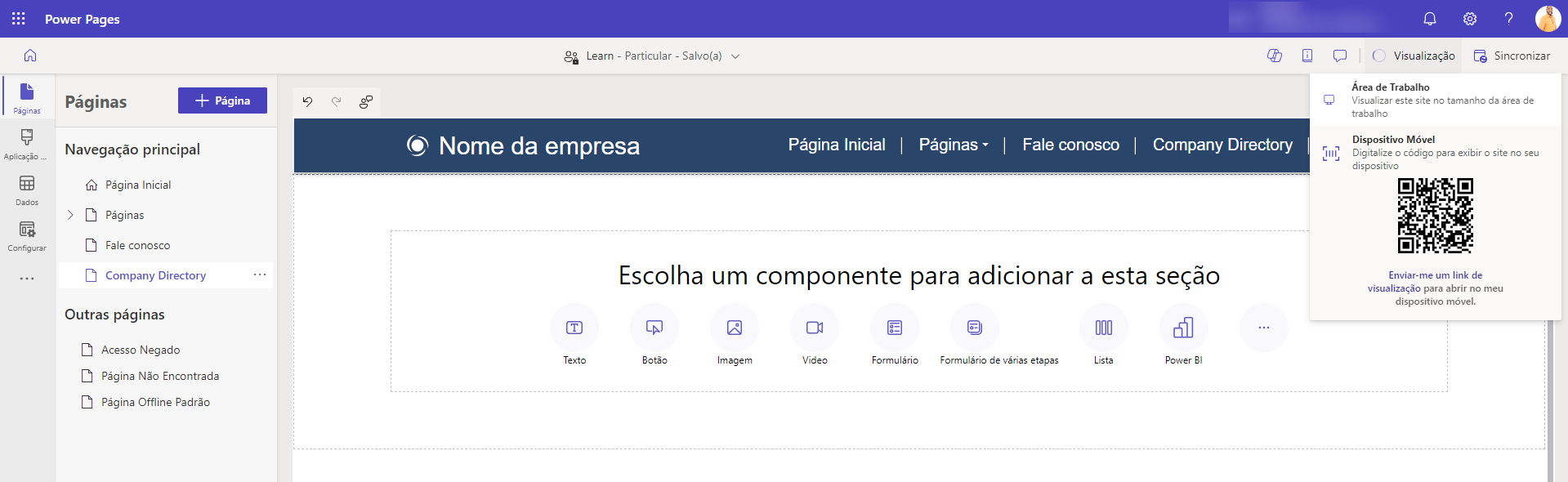 Captura de tela do comando Visualizar página no estúdio de design do Power Pages.