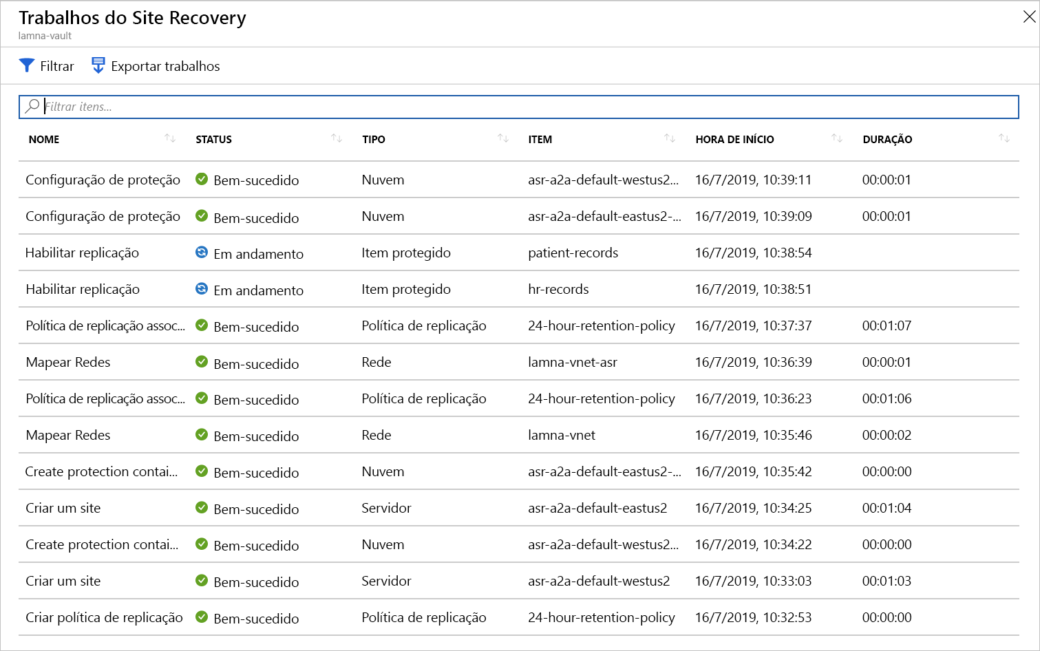 Screenshot of all the Site Recovery jobs.