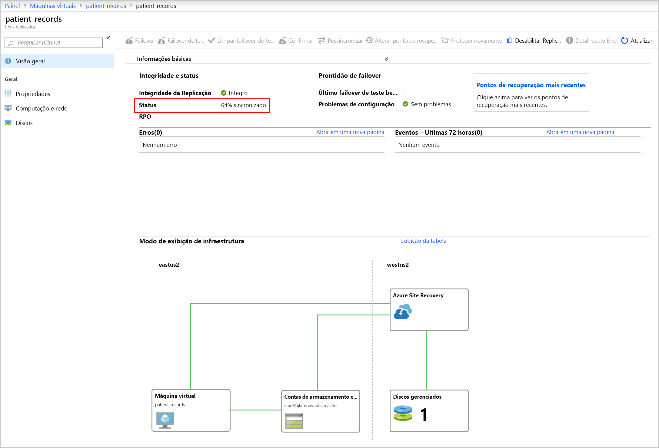 Captura de tela mostra o status da VM de patient-records, com o percentual sincronizado realçado.