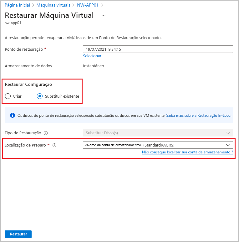 Captura de tela que mostra as opções de configuração de restauração.