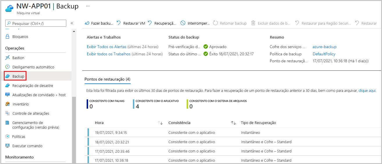 Captura de tela da operação de backup de uma VM.