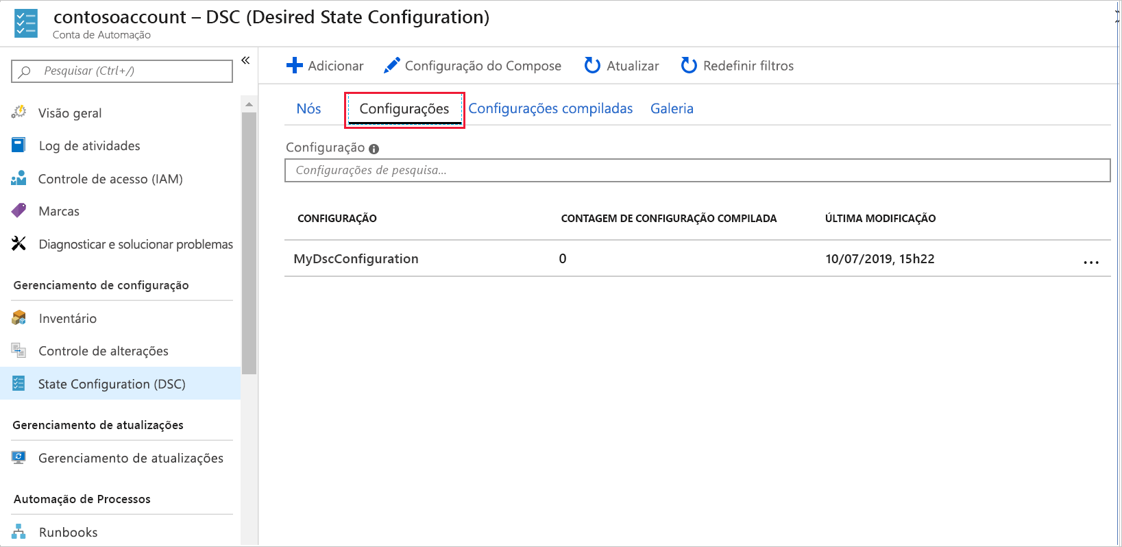 Captura de tela do portal do Azure mostrando as configurações de estado disponíveis no painel State Configuration (DSC).