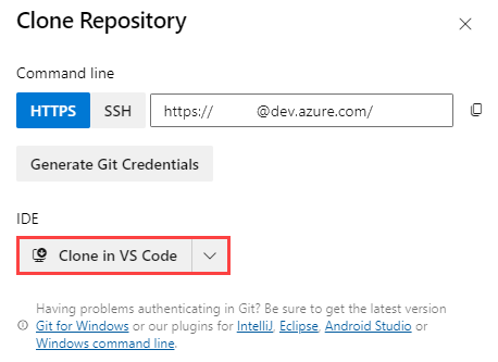 Captura de tela do Azure DevOps que mostra as configurações do repositório, com o botão Clonar no VS Code realçado.