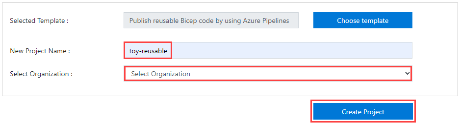 Captura de tela do painel do Gerador de Demonstração do Azure DevOps para criar um projeto.