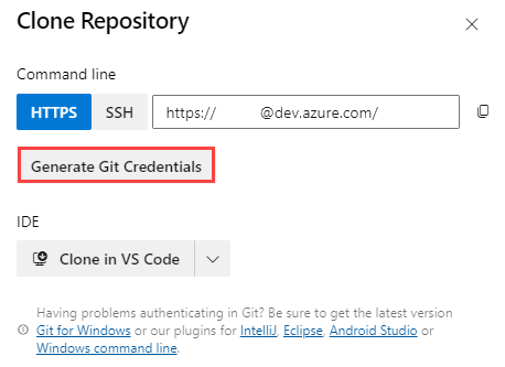 Captura de tela do Azure DevOps que mostra as configurações do repositório, com o botão Gerar Credenciais do Git realçado.