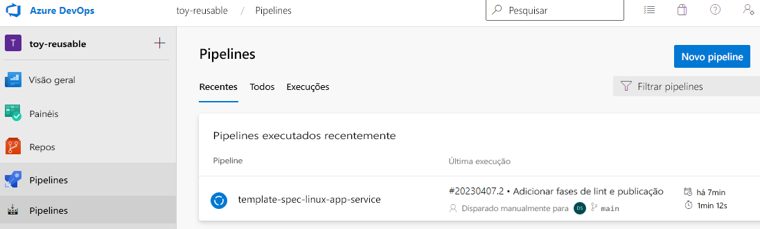 Captura de tela do Azure Pipelines mostrando o item de menu Pipelines.