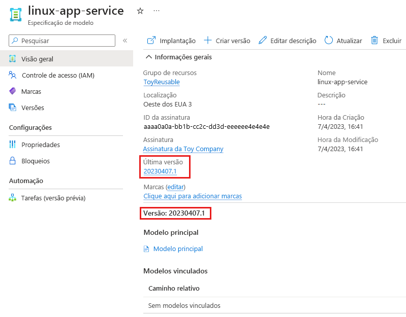 Captura de tela do portal do Azure mostrando os detalhes da especificação do modelo.