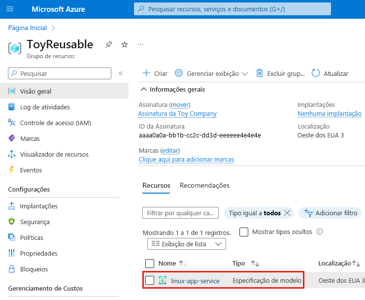 Captura de tela do portal do Azure mostrando o grupo de recursos, com a especificação do modelo realçada.