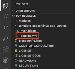 Captura de tela do Visual Studio Code mostrando a localização do arquivo de definição de pipeline.