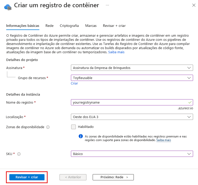 Captura de tela do portal do Azure mostrando a página de criação do Registro de Contêiner.