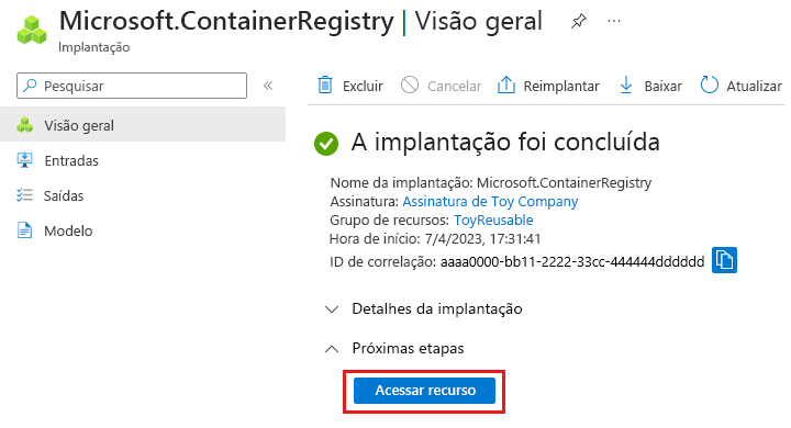 Captura de tela do portal do Azure mostrando a implantação do Registro de Contêiner, com o botão para acessar um recurso realçado.