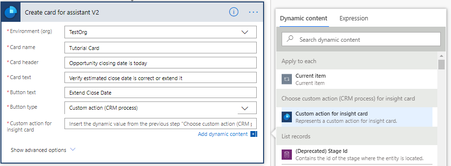 Selecione Ação personalizada para cartão de insights no conteúdo dinâmico.