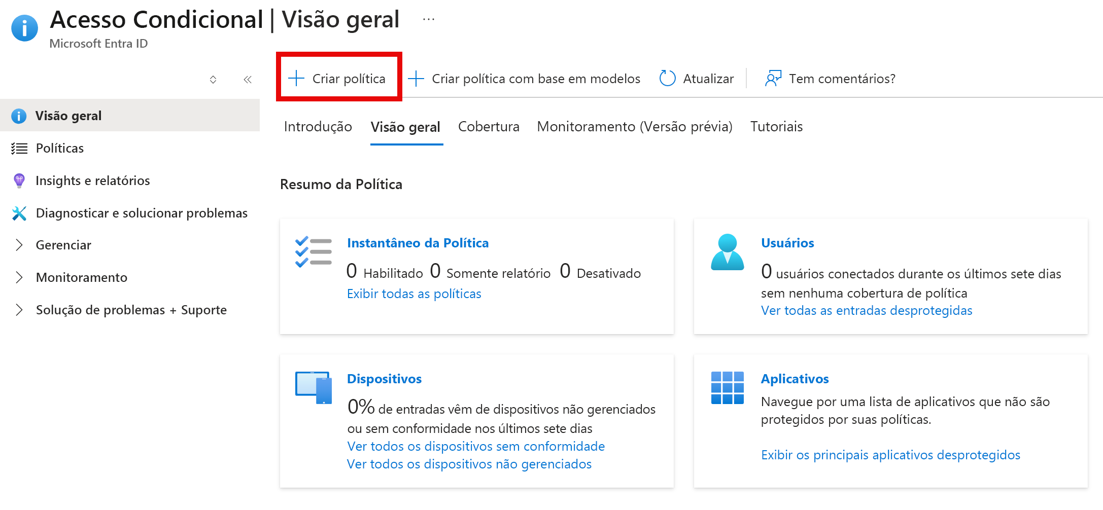 Captura de tela realçando o botão Nova Política no portal do Azure.