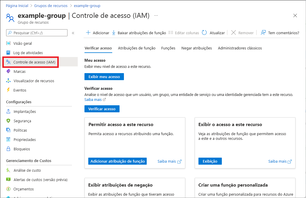 Captura de tela mostrando a opção de Controle de acesso (IAM) no painel do grupo de recursos.