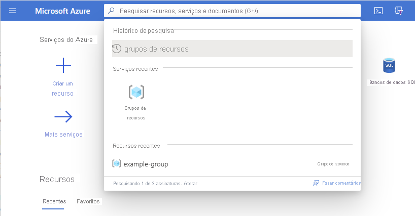 Captura de tela do portal do Azure mostrando como pesquisar grupos de recursos.