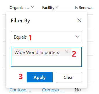 Screenshot of the Filter by dialog with the Apply button highlighted.