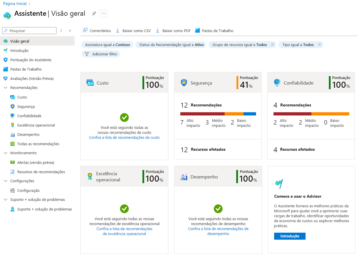 Captura de tela da página Visão geral do Assistente do Azure no portal do Microsoft Azure.