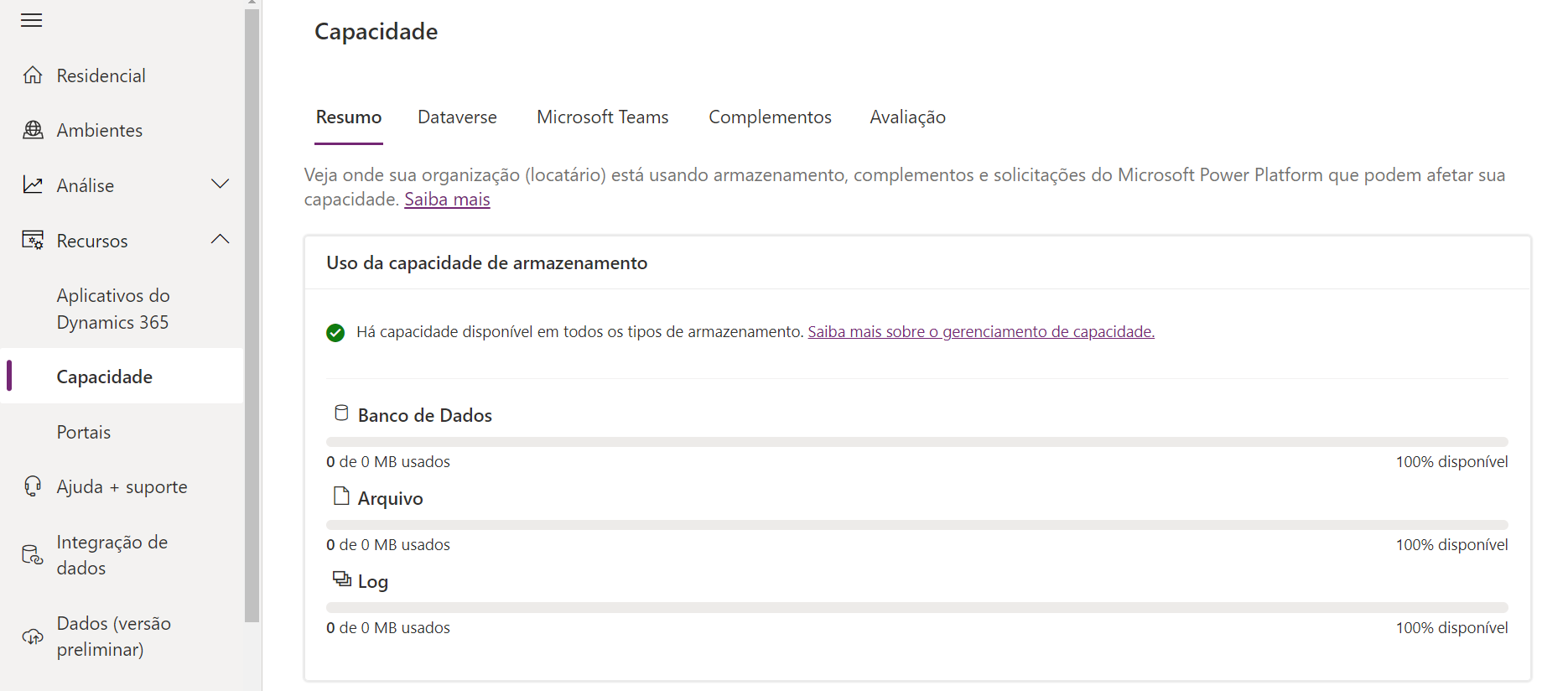 Captura de tela do resumo da capacidade de armazenamento no Dataverse.