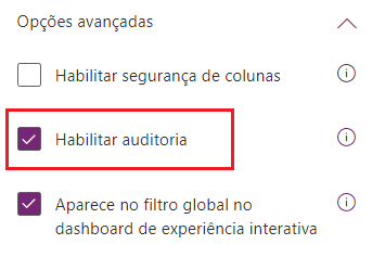 Captura de tela da caixa de habilitação de auditoria em uma definição de tabela.