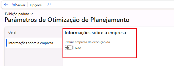  Captura de tela da página Parâmetros do Otimização de Planejamento para informações da empresa.