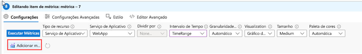 Screenshot that shows the metric settings for a web app in Azure Workbooks.