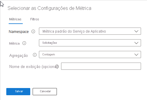 Screenshot that shows the metric settings for the number of requests made to a web app in Azure Workbooks.