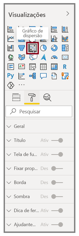 Captura de tela do botão do Gráfico de dispersão e as opções de formatação.